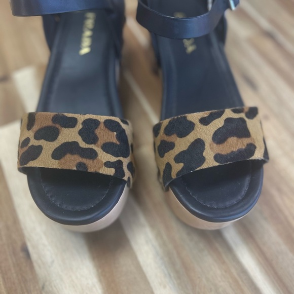 Prada Wood Studded Pony Hair Leopard Leather Buckle Clog Sandals RARE - Picture 3 of 8